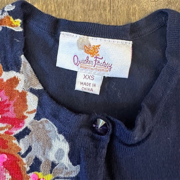 Quacker Factory Women's 2XS Blue Floral Embellished Cardigan Sweater - Picture 2 of 7
